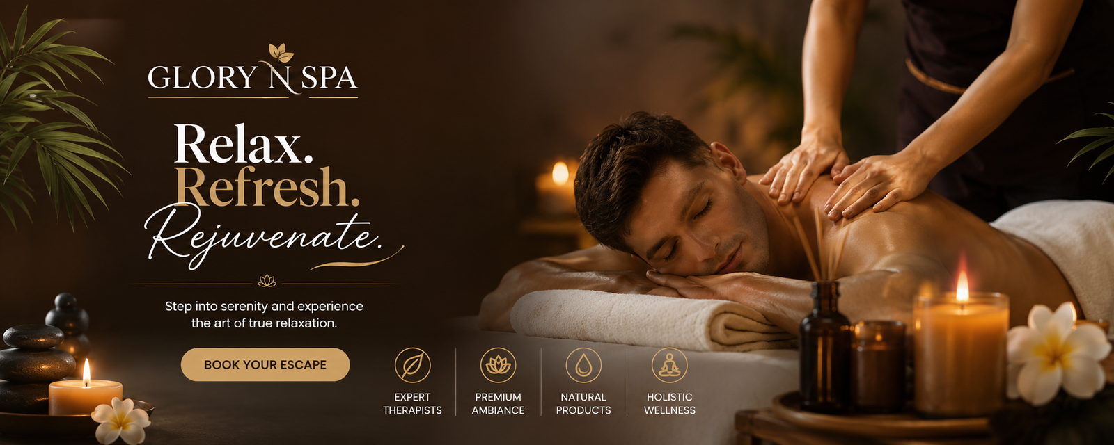 Luxury spa relaxation with hot stones and candles at Glory N Spa